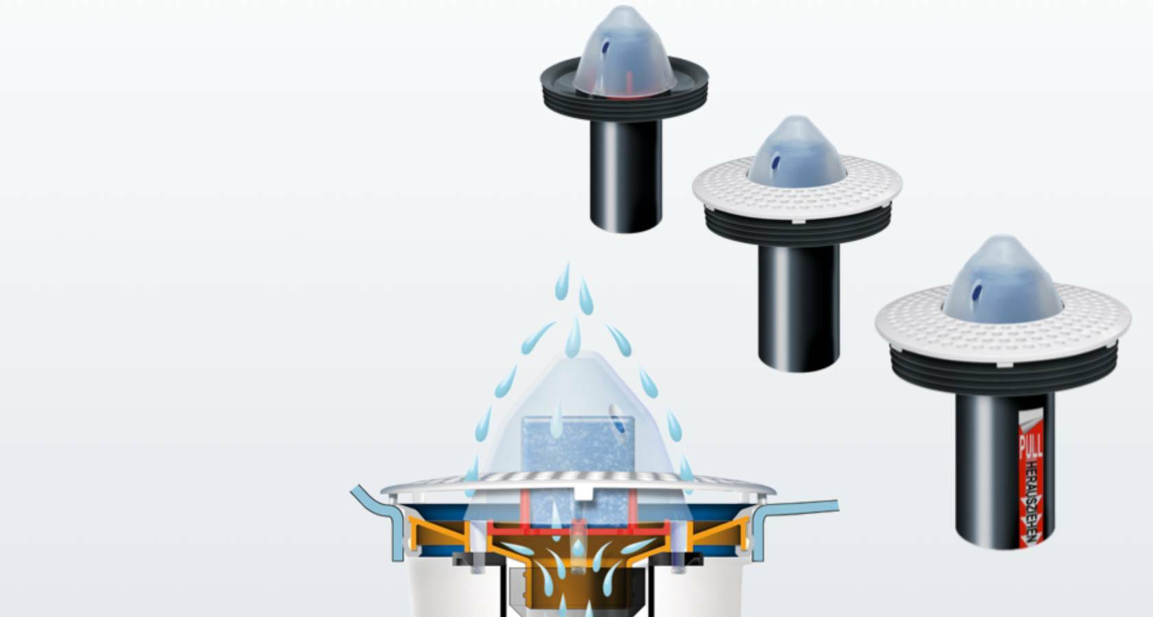 URIMAT odour trap variants and a cutaway showing the liquid flow path
